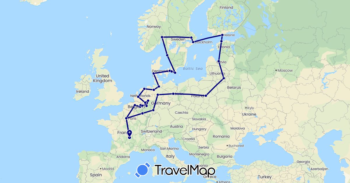 TravelMap itinerary: driving in Belgium, Germany, Denmark, Estonia, Finland, France, Lithuania, Luxembourg, Latvia, Netherlands, Norway, Poland, Sweden (Europe)