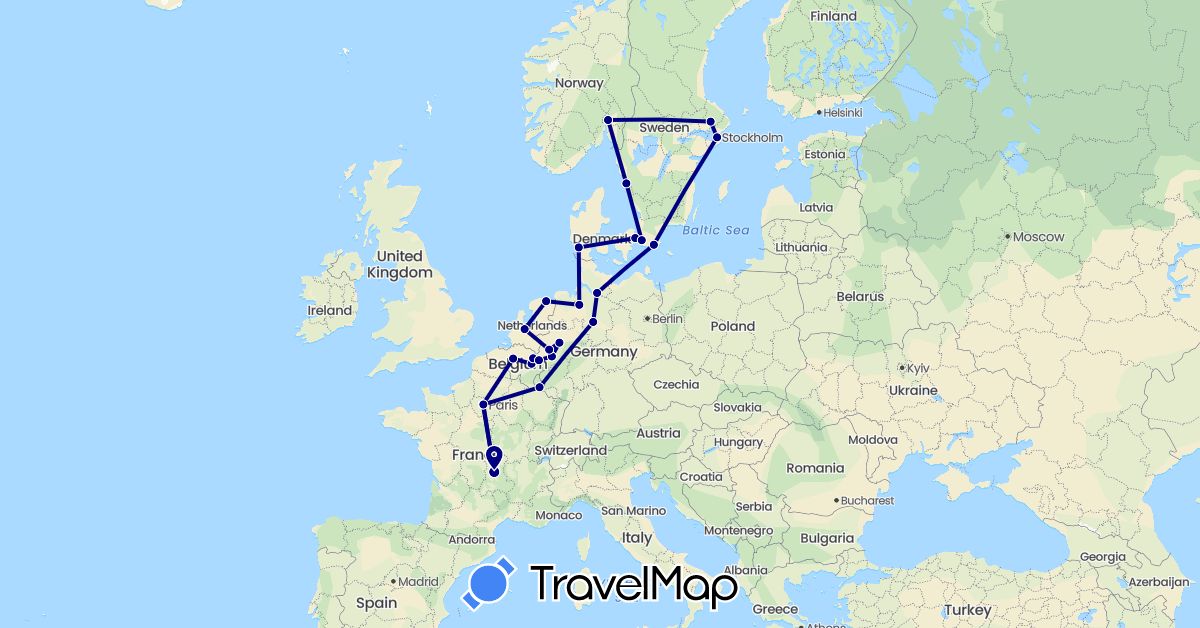 TravelMap itinerary: driving in Belgium, Germany, Denmark, France, Luxembourg, Netherlands, Norway, Sweden (Europe)